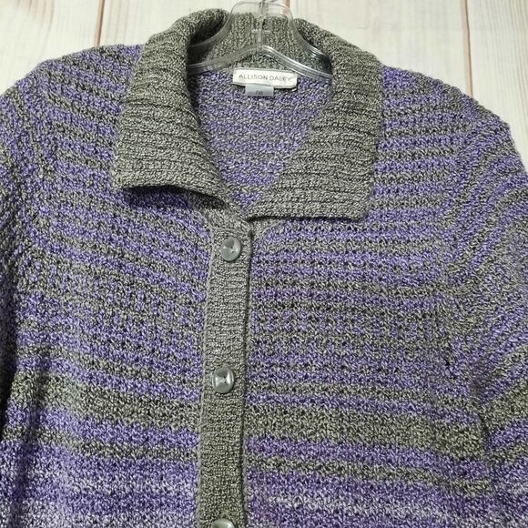 Allison Daley Cardigan Gray Purple Knit Button Front Textured Long Sleeve - Picture 4 of 8